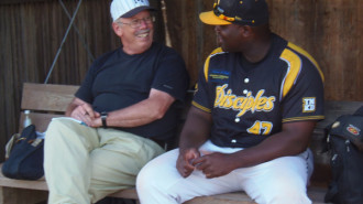Haar Disciples' 1st team head coach Keith Maxwell and munichNOW writer Doug Sutton talk some
baseball in the Disciples' dugout. The occasion was a recent test game between Haar and the junior German national team, who are preparing for the European junior championships in Prague.
Photo: Doug Sutton